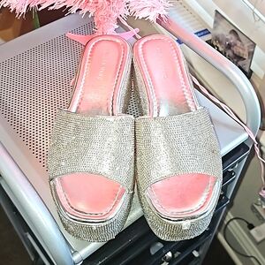 Gently used sandals silver wedge shoes Rhinestones- size 10